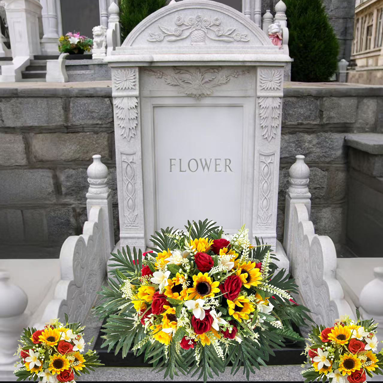 亚马逊跨境新款仿真太阳花玫瑰花束壁挂绢花仿真绿植假花场景布置详情8