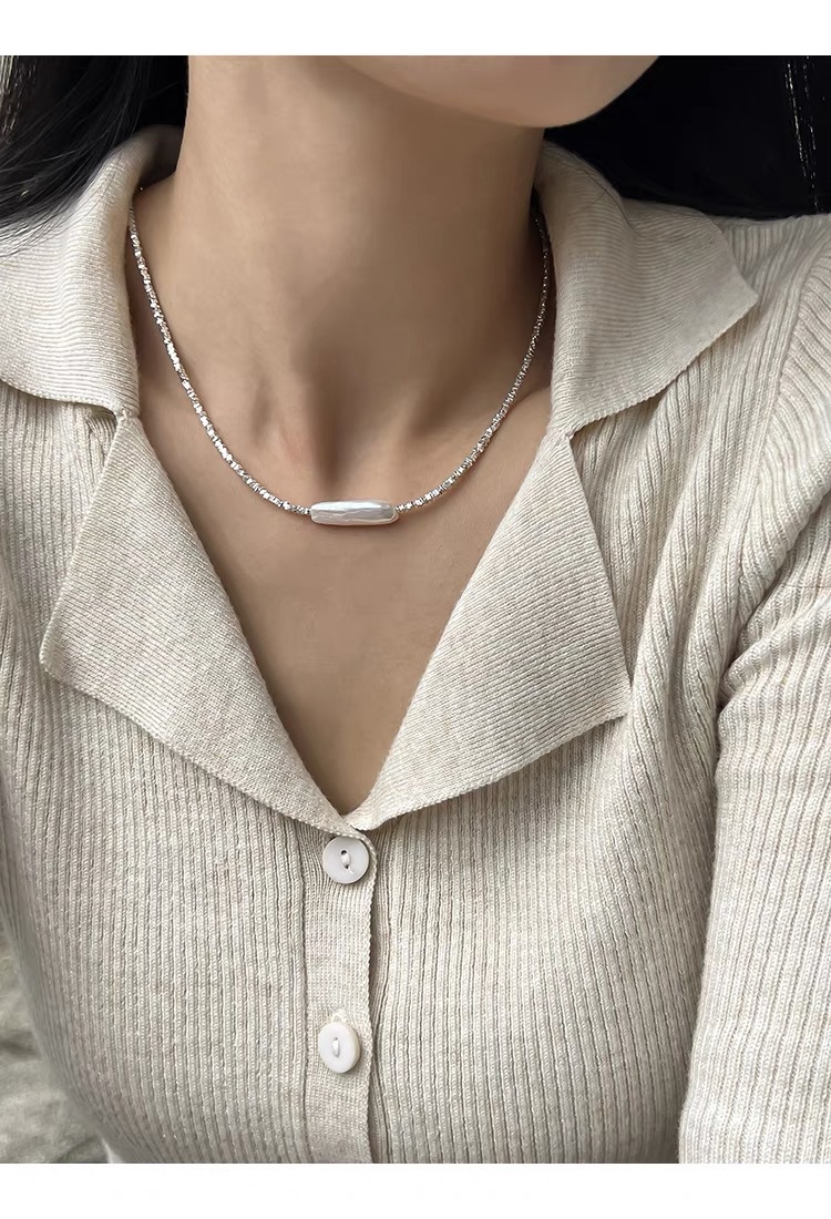 巴洛克异形淡水珍珠小银条珍珠项链镀银碎银子轻奢气质时尚锁骨链详情7