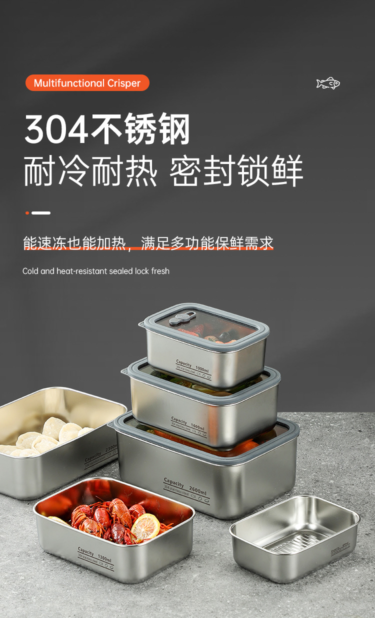不锈钢食品级304保鲜盒长方形密封饭盒收纳盒储物盒冰箱带玻璃盖详情1