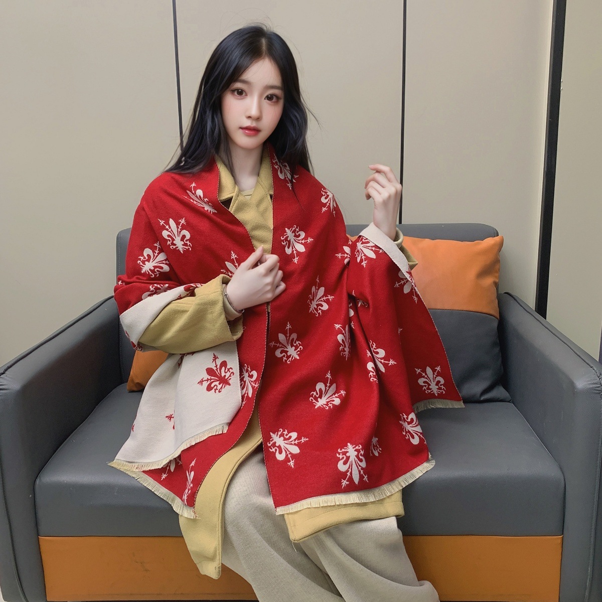 围巾女冬季欧美风格佛罗伦萨鸢尾花披肩加厚百搭双面保暖围脖保暖详情46