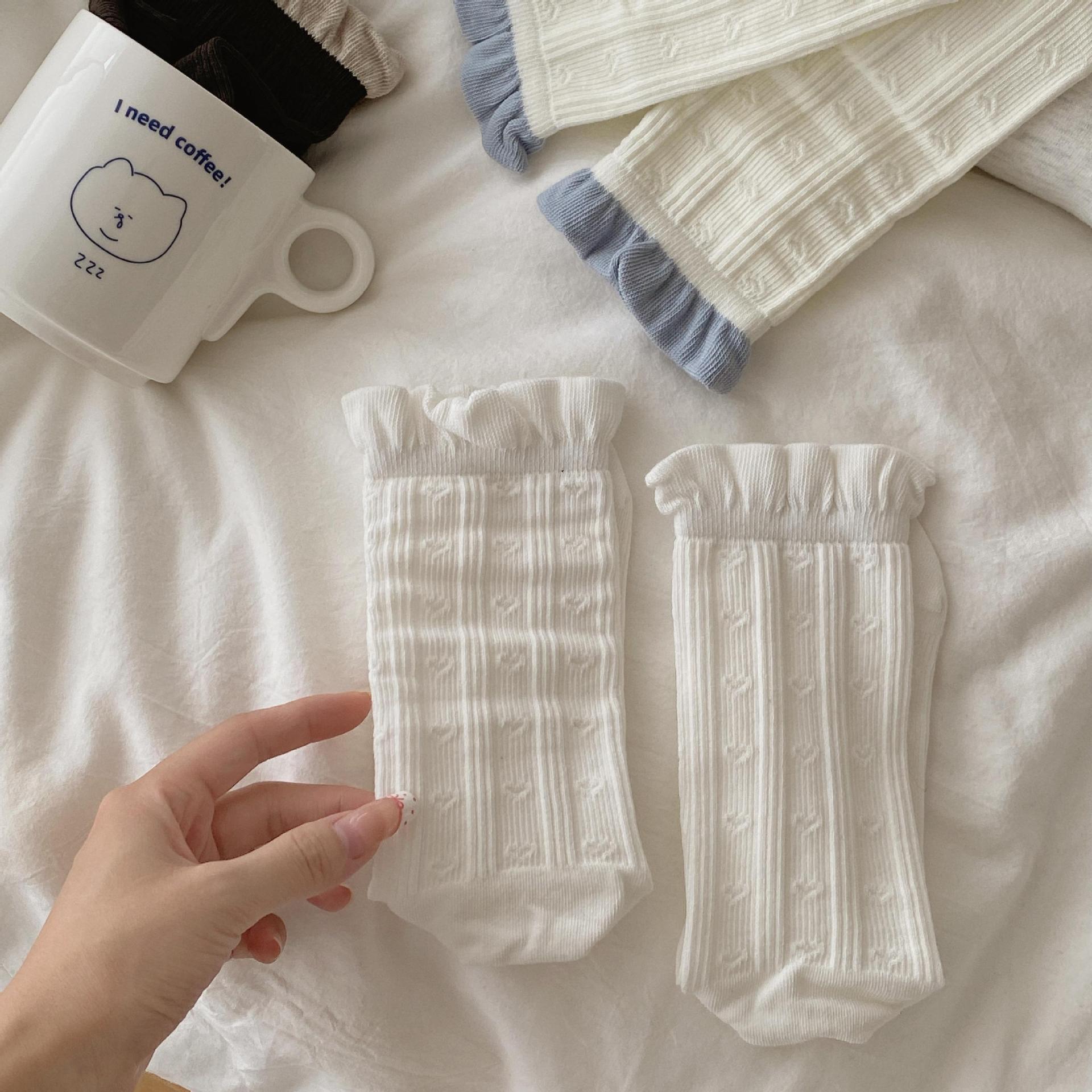 Autumn and winter new straight socks, Japanese-style color-blocking pure cotton lace mid-calf socks, Korean-style MIU-style boneless pile socks for women pic 8