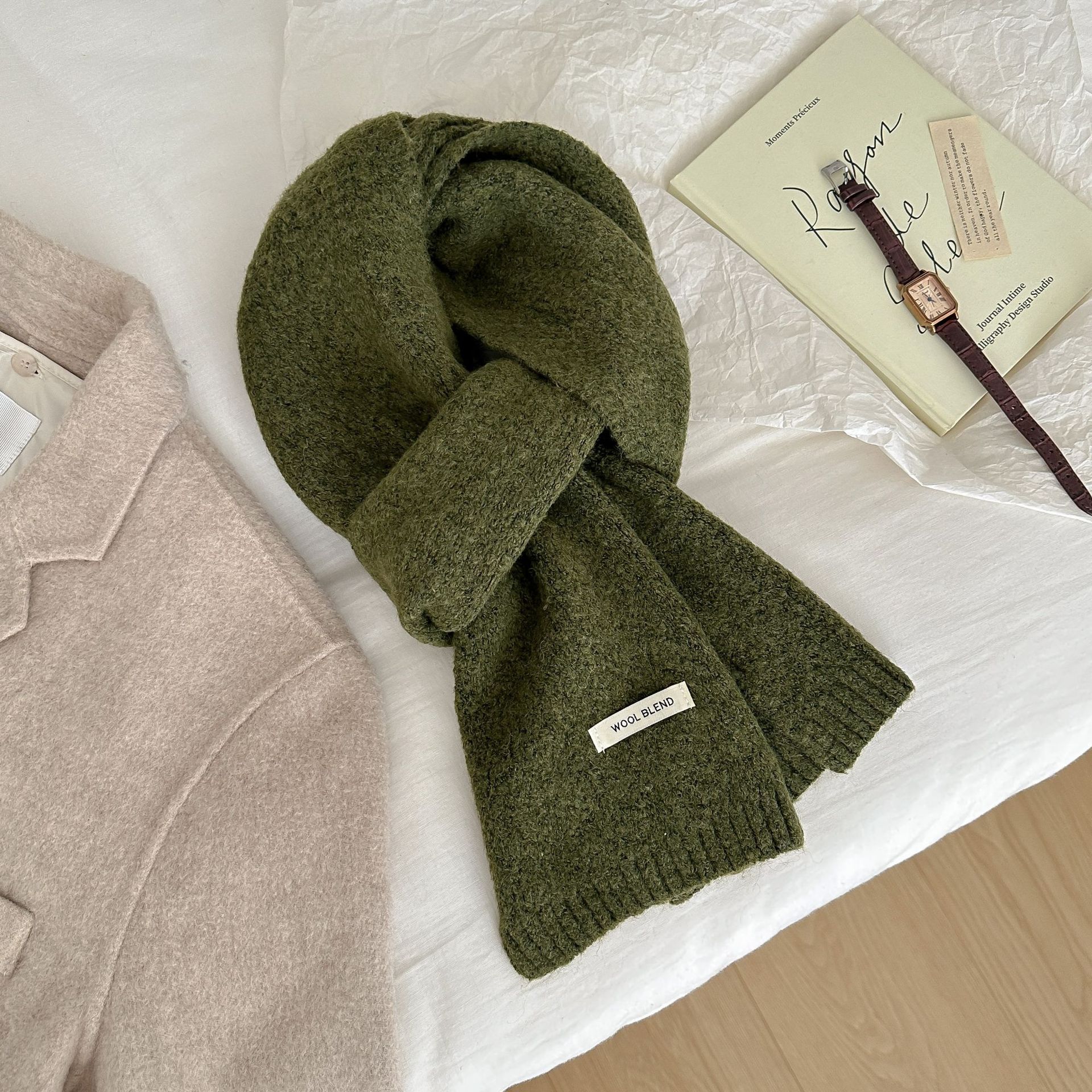 Solid-color wool blend scarf for women, autumn and winter, knitted woolen, warm, Korean-style, versatile, fashionable, fresh and sweet neck pic 35