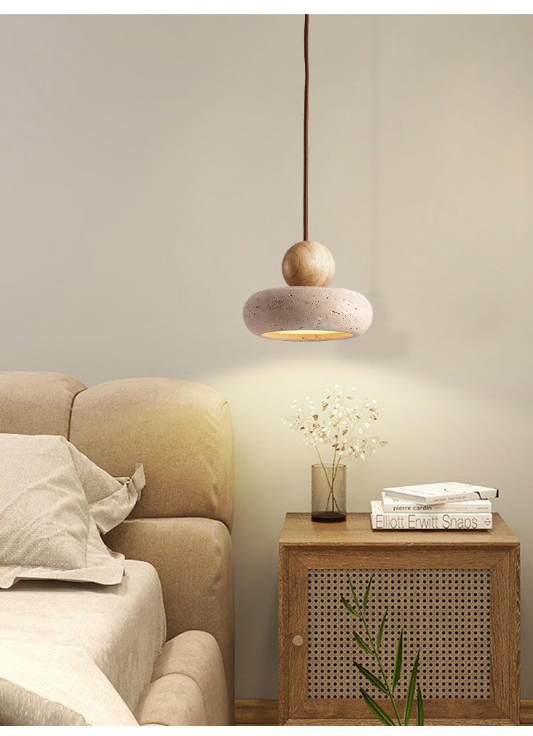 复古侘寂风天然黄洞石小吊灯民宿卧室床头灯餐厅吧台实木圆球灯具详情7