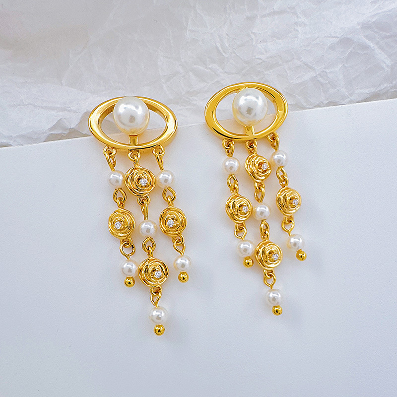Nuevo estilo moda mujer pendientes calado rosa flor perlas pendientes premium sentido borlas magos luz accesorios de oído de lujo pic 7