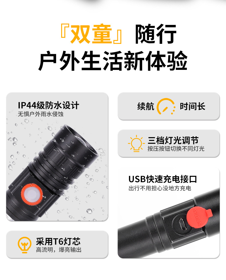 现货批发T6强光手电筒COB侧灯铝合金手电户外伸缩变焦18650手电筒详情4