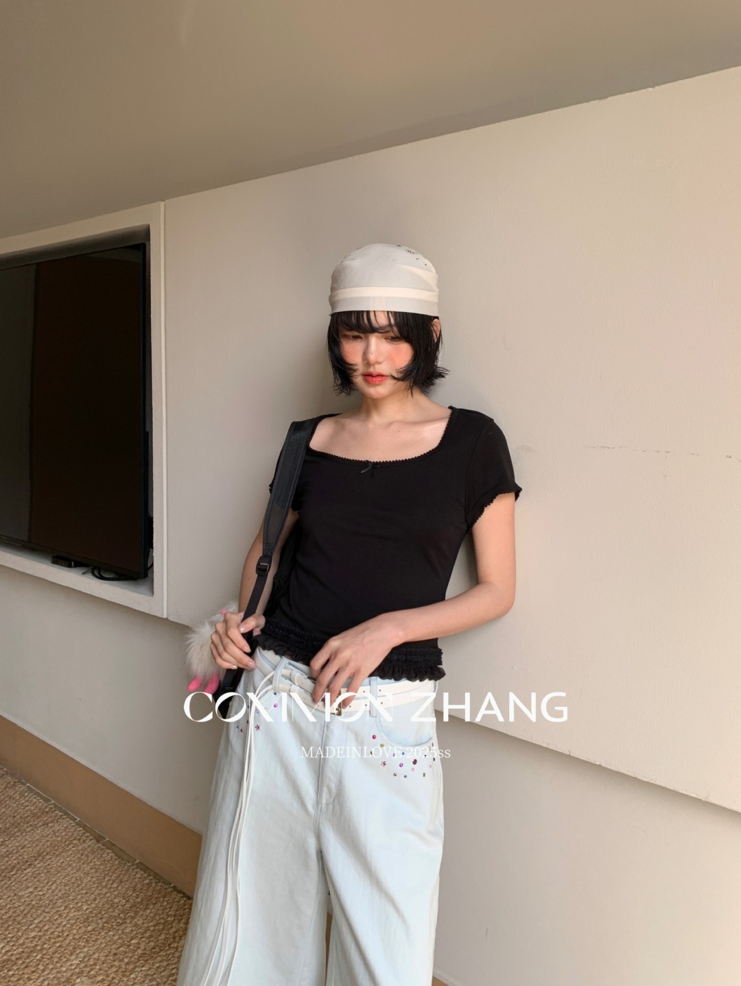 CZ ZHANG夏季韩版少女感减龄蝴蝶结拼接U领纯色天丝短袖T恤B20757详情11