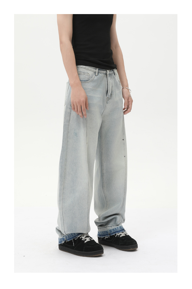 MTLCLOTHES男装| 小众设计感浅色阔腿牛仔裤宽松显瘦直筒弯刀裤潮详情13
