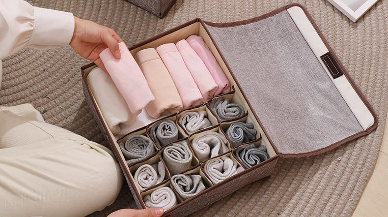 内衣收纳盒分格家用折叠棉麻储物盒带盖内衣裤袜子防尘抽屉盒子详情7