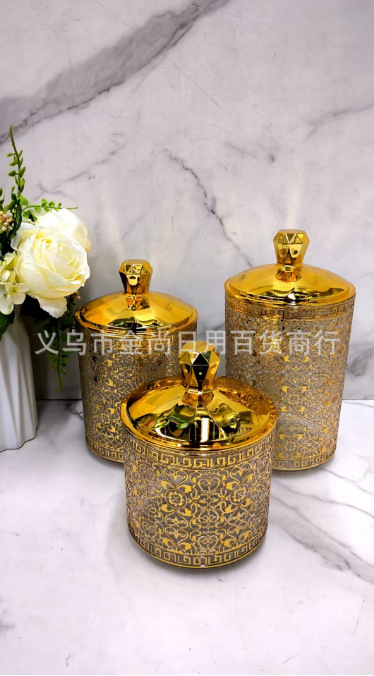 The new pearl candy storage jar features a diamond design, a gilded ring, a heart flower design, a round sealed jar without feet, and a color box pic 3