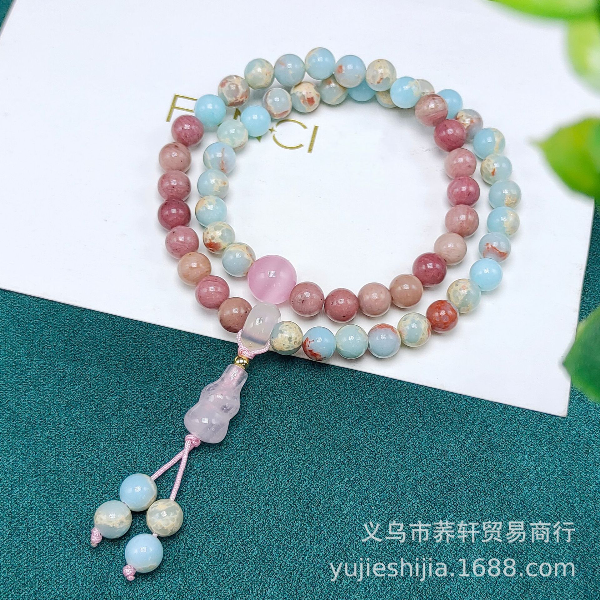 Double-ring natural stone bracelet, red wood grain stone with rose crystal lotus pod and pink rose. Red pattern stone bracelet for girls, with a sense of sophistication pic 6