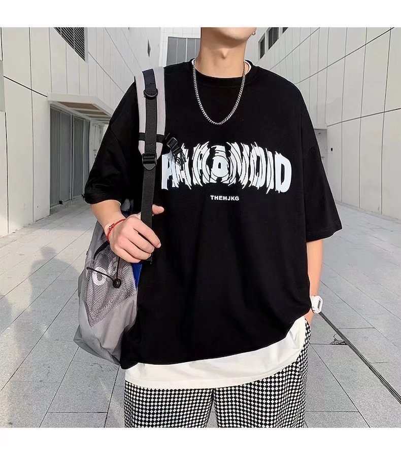 Pure cotton short-sleeved T-shirt for men, loose Hong Kong trend brand round-neck top, new letter-printed half-sleeved T-shirt pic 11