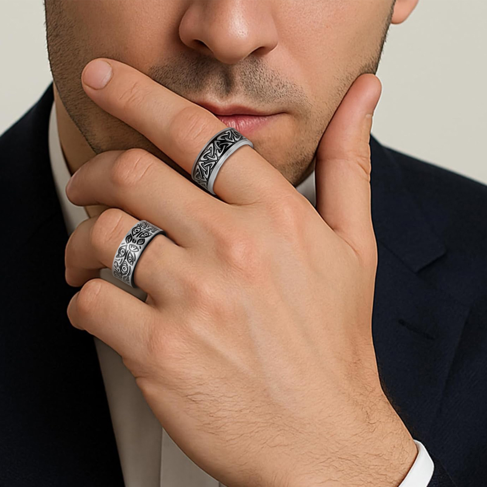 亚马逊欧美热销饰品复古维京恶魔之眼指环长城纹戒指男士钛钢戒指详情4