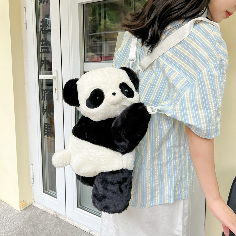 2024新款时尚熊猫双肩包清新甜美可爱卡通毛绒玩具包仿真抱枕背包详情9