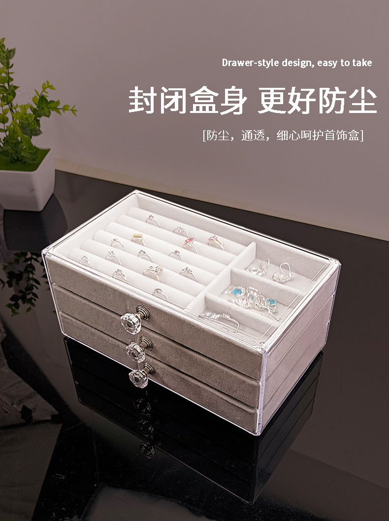 Three-layer jewelry storage box, transparent acrylic velvet checkered jewelry necklace, ring and bracelet storage and organization box pic 4