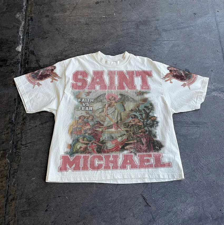 2026 Cross-border street classic printed T-shirts for men, loose T-shirts for men and women, hip-hop street printed T-shirts for couples pic 4