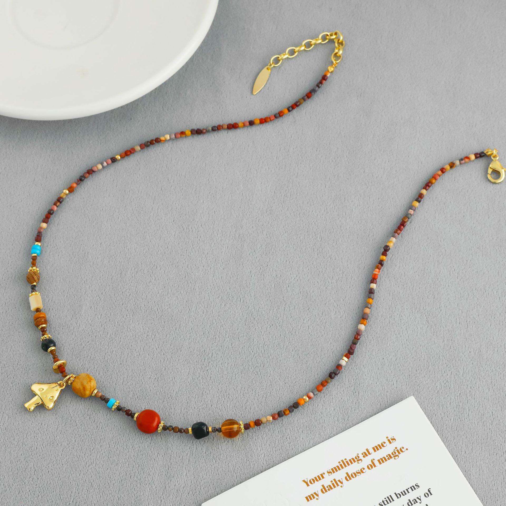 LAZY*家蘑菇彩石项链 夏季爆款简约叠戴天然石日出蘑菇串珠锁骨链详情5