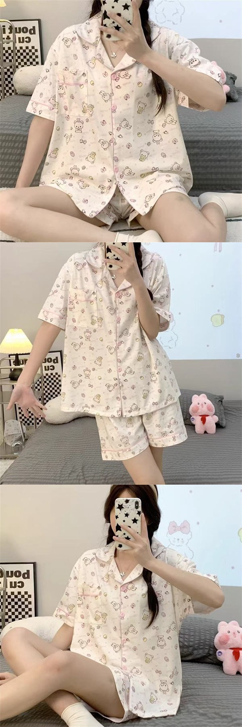 ins Fresh pajama women Summer short sleeves and shorts Korean cardigan plus-size Korean Japanese-style home wear two-piece set pic 63