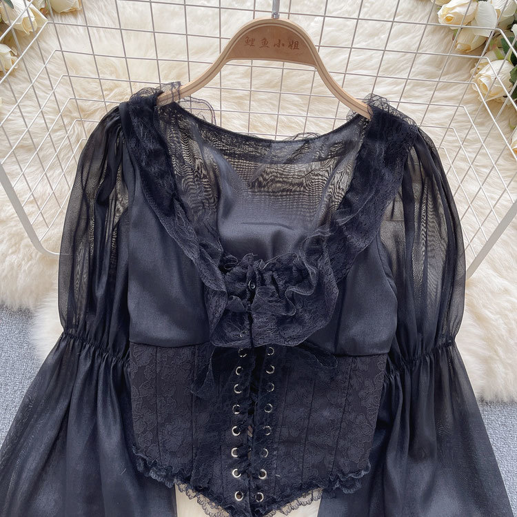 French court-style lantern long-sleeved shirt for women, fashionable high-end chiffon shirt, sweet lace patchwork mesh top, trendy pic 5