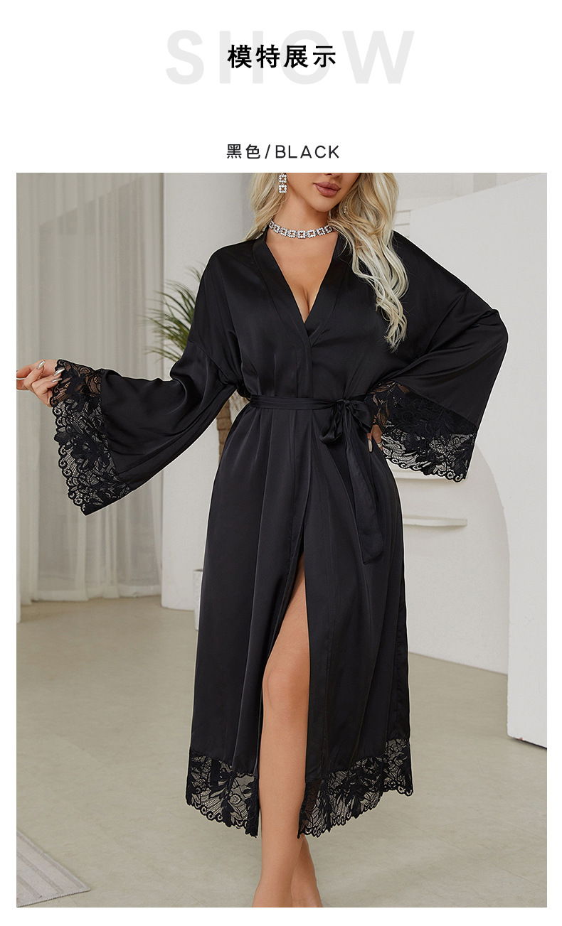 A black and white V-neck lace-trimmed mid-length, slit, light luxury and sexy nightgown for export, 682 pic 11