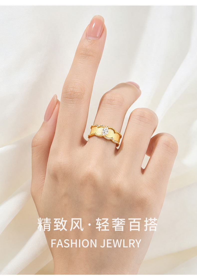 源头工厂复古重工宽版拉丝开口戒指铜合金真金电镀镶锆可调节指环详情5