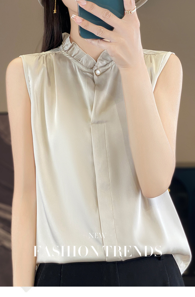 木耳边无袖缎面衬衫背心女立领薄气质衬衫女上衣背心内搭无袖T恤详情1