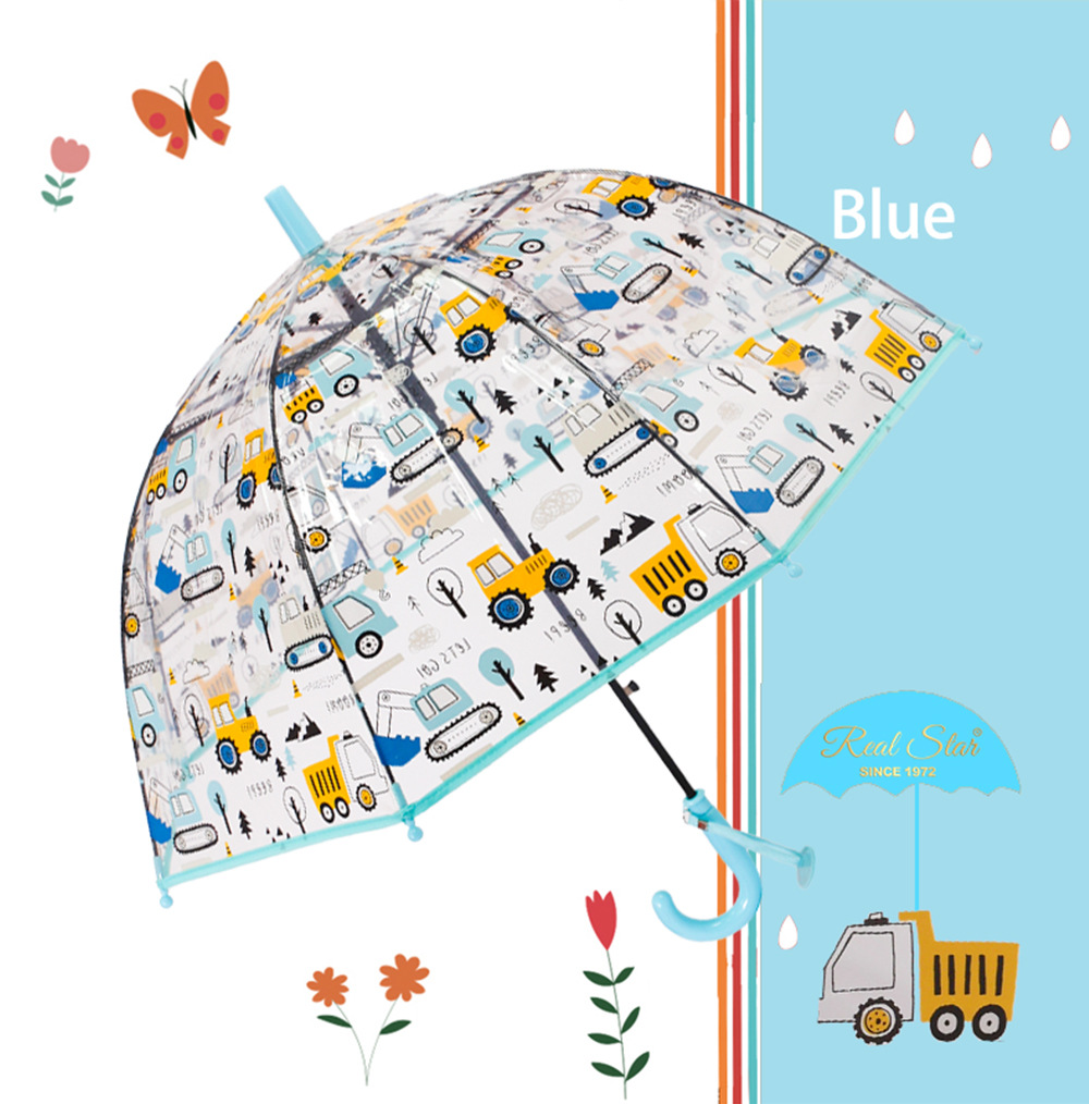 【跨境新品儿童雨伞可爱卡通POE透明伞挖机推土机图案自动伞现货详情16