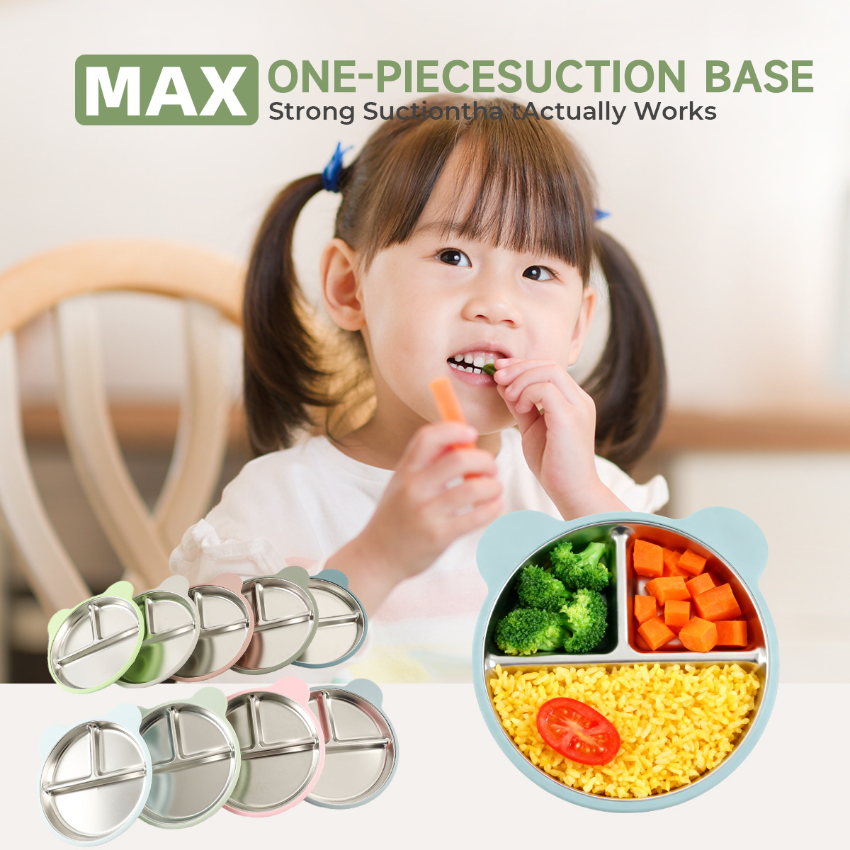 食品级硅胶不锈钢304儿童餐盘20CM分隔式带吸盘防摔卡通熊猫餐盘详情1