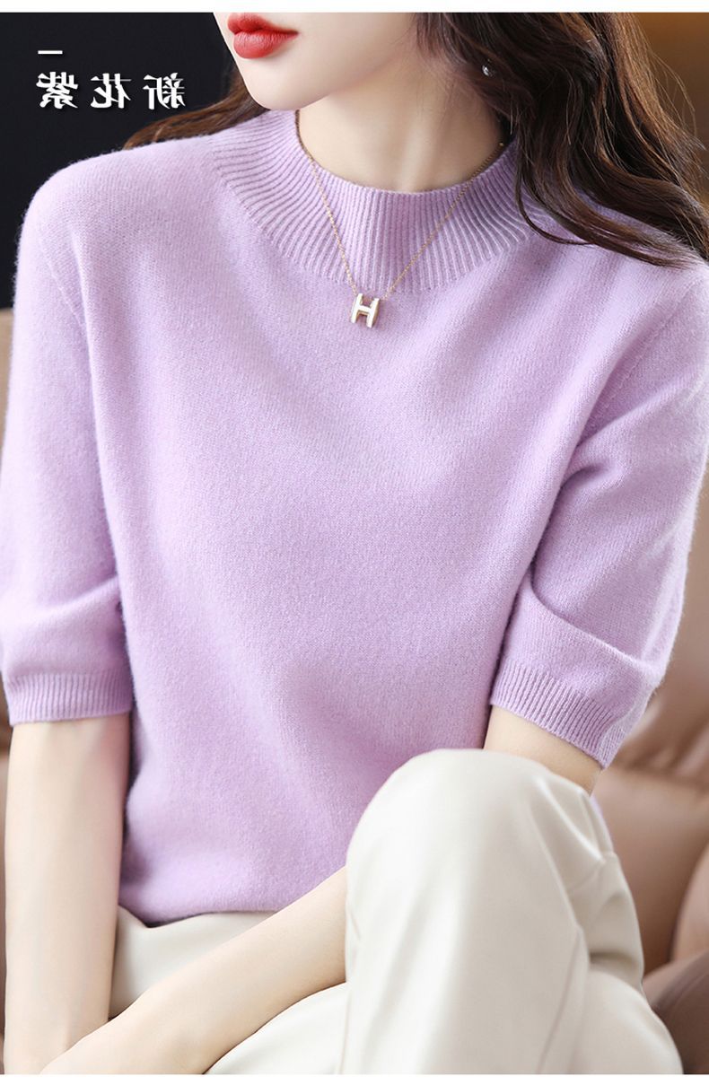 A semi-high-neck casual knitted sweater for women in spring 2023, in a solid color, paired with a half-sleeved base layer sweater T-shirt pic 24