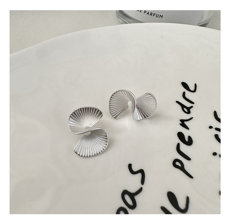 S925 sterling silver Korean version niche design fan-shaped stud earrings, a matte retro earring accessory with a Korean fashionable feel pic 12