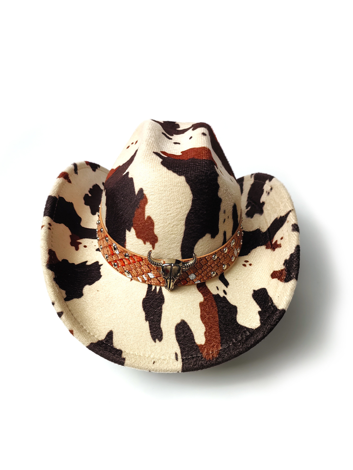 A cow-patterned jazz top hat, a Western cowboy hat with a bull head belt for men and women, European and American ethnic style, Tibetan style pic 3
