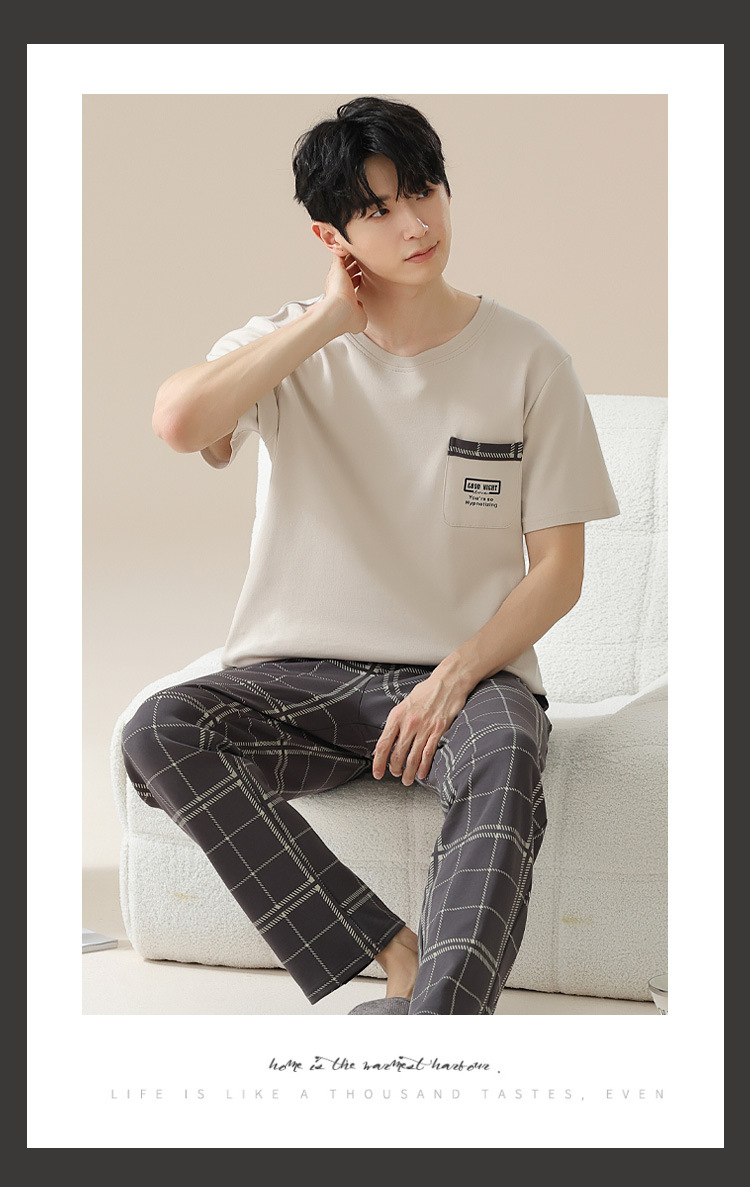 Summer pure cotton pajamas for men, cartoon casual short-sleeved shirts and long pants, pure cotton comfortable home wear, summer youth student set pic 21