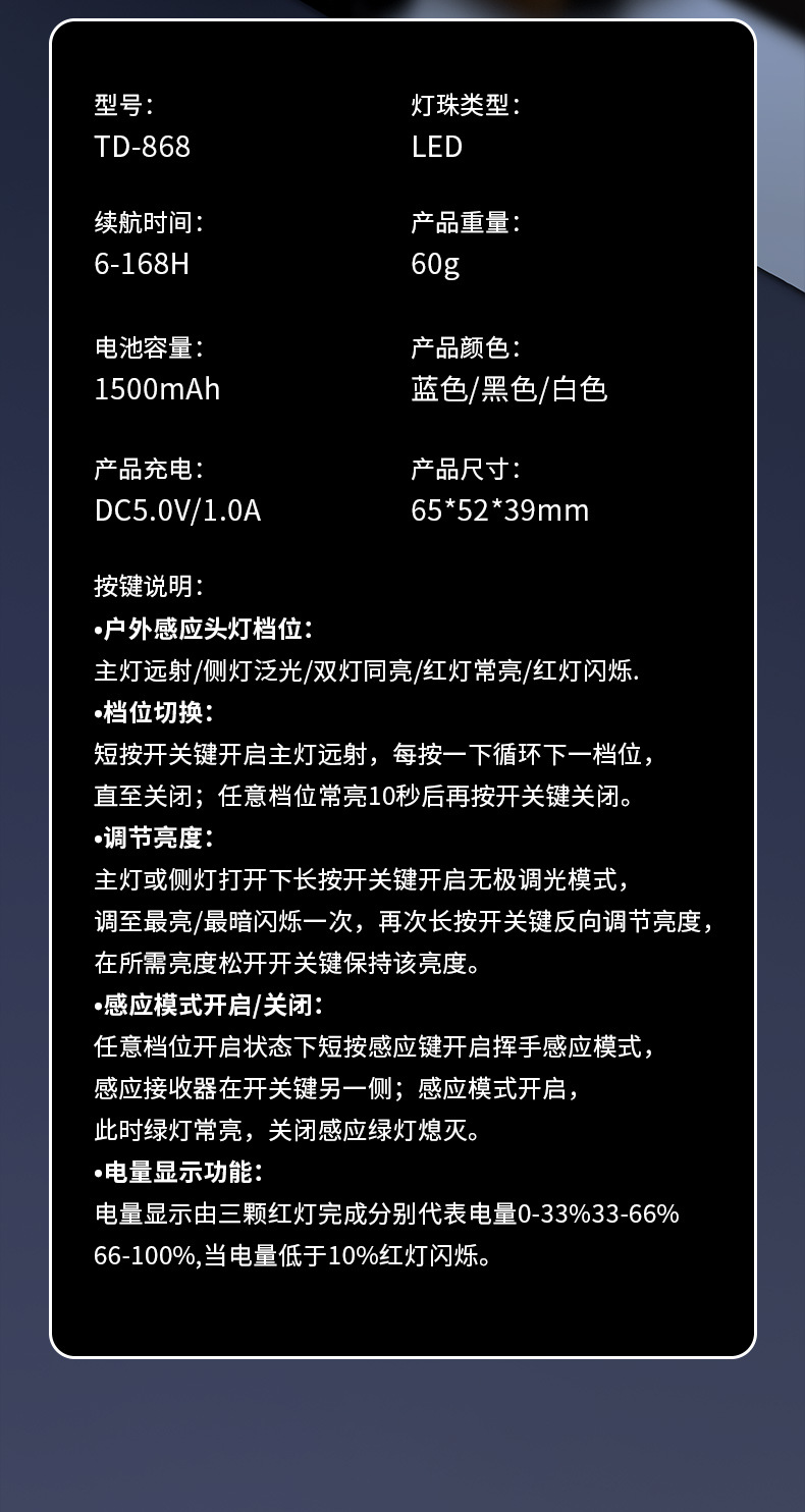 头灯强光超亮头戴式led户外感应长续航锂电充电钓鱼夜钓灯cob帽夹详情20