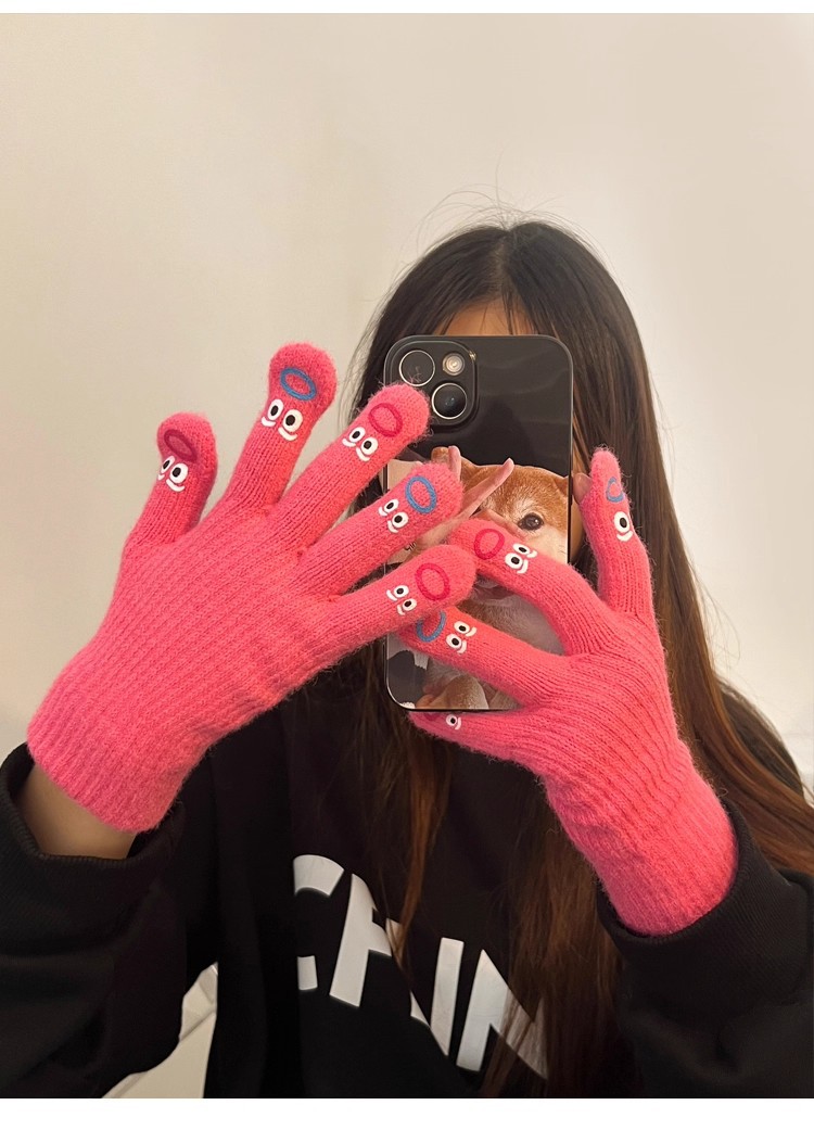 秋冬天毛线可爱针织卡通保暖五指可触屏韩版季露指学生手套女冬季详情13