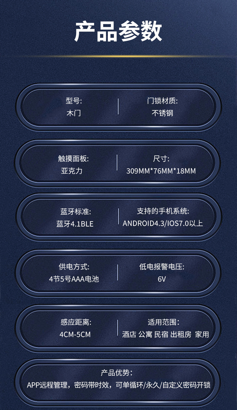 智能门锁铝合金通通锁公寓防盗门刷卡锁民宿APP远程指纹密码锁详情5