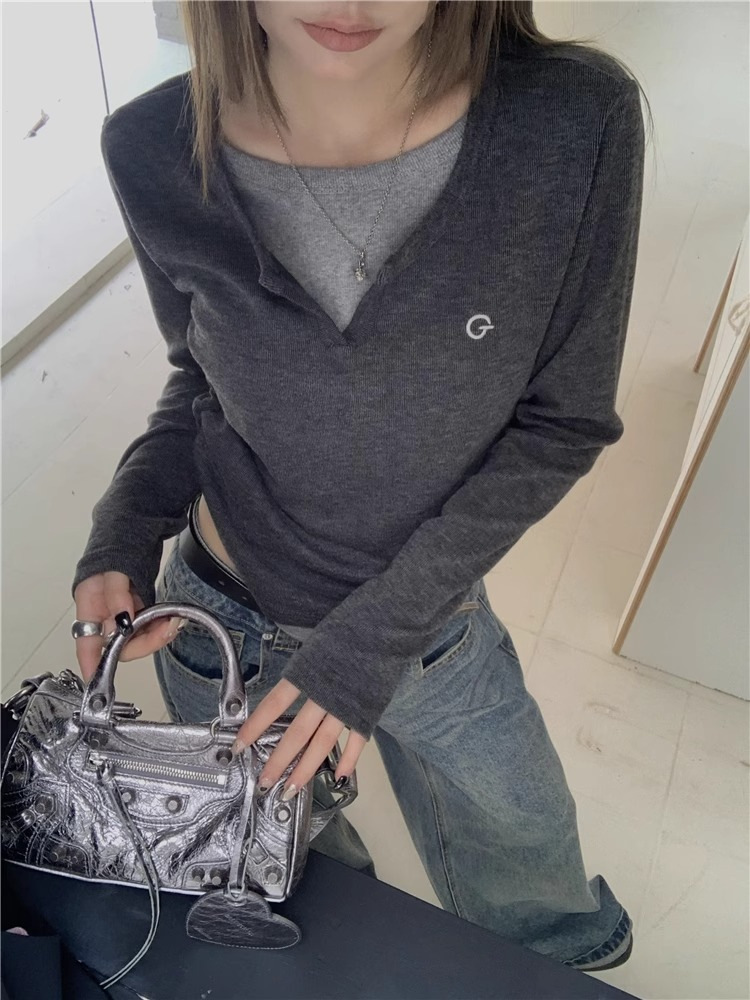 女士T恤假两件长袖T恤秋冬内搭修身显瘦打底上衣美式复古打底衫详情15