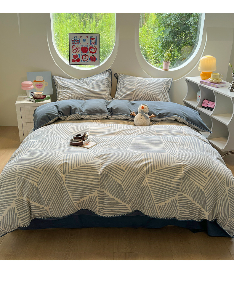 Simple autumn and winter pure cotton brushed bed four-piece set, thickened all-cotton quilt cover, light luxury and high-end bed sheet three-piece set pic 17