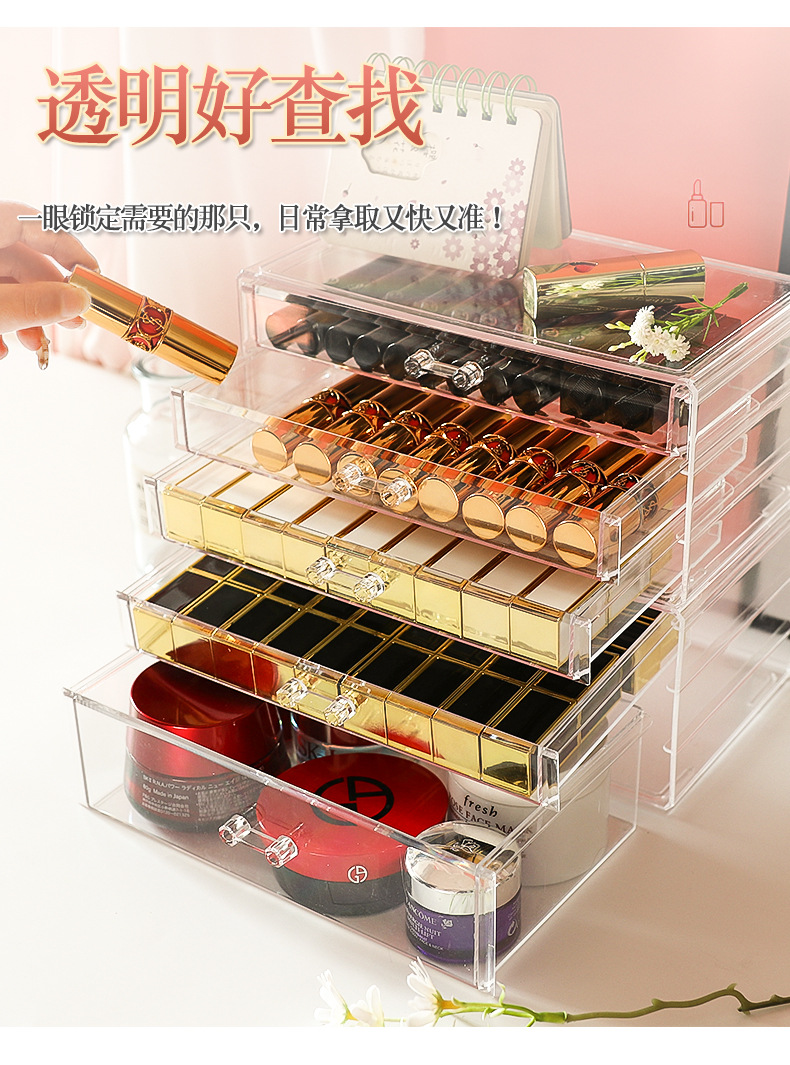 口红收纳盒桌面防尘抽屉亚克力网红大容量彩妆眼影唇釉化妆品防尘详情2