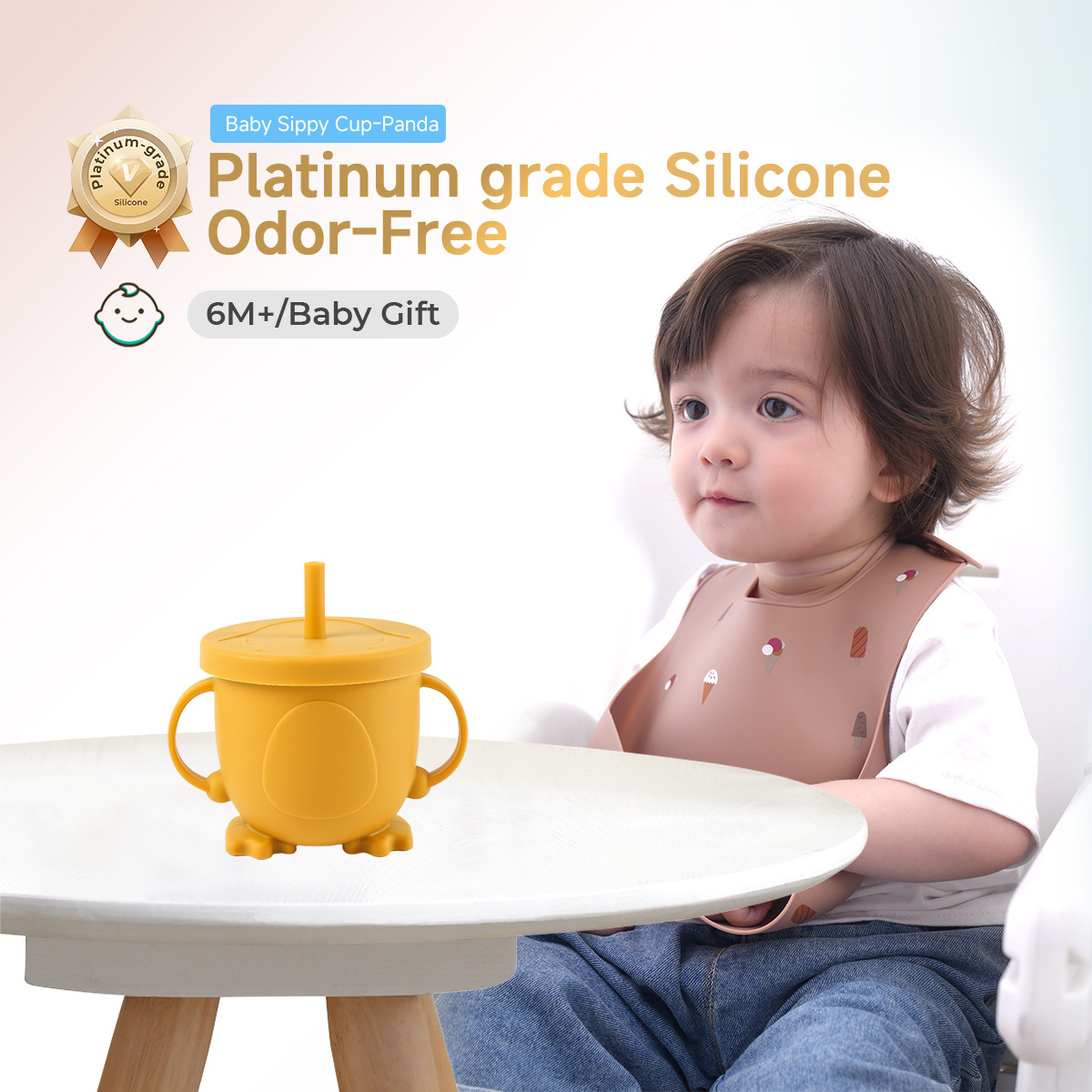 企鹅水杯食品级儿童硅胶吸管水杯现货 跨境婴儿双耳硅胶防摔水杯详情1