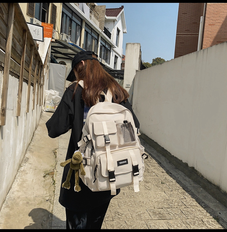 休闲百搭男女双肩包可爱挂件洋气潮流学生书包大容量工装风背包详情27