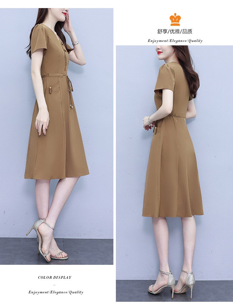 新中式V领连衣裙女2024夏季新款气质中长款收腰显瘦中年妈妈裙子详情30