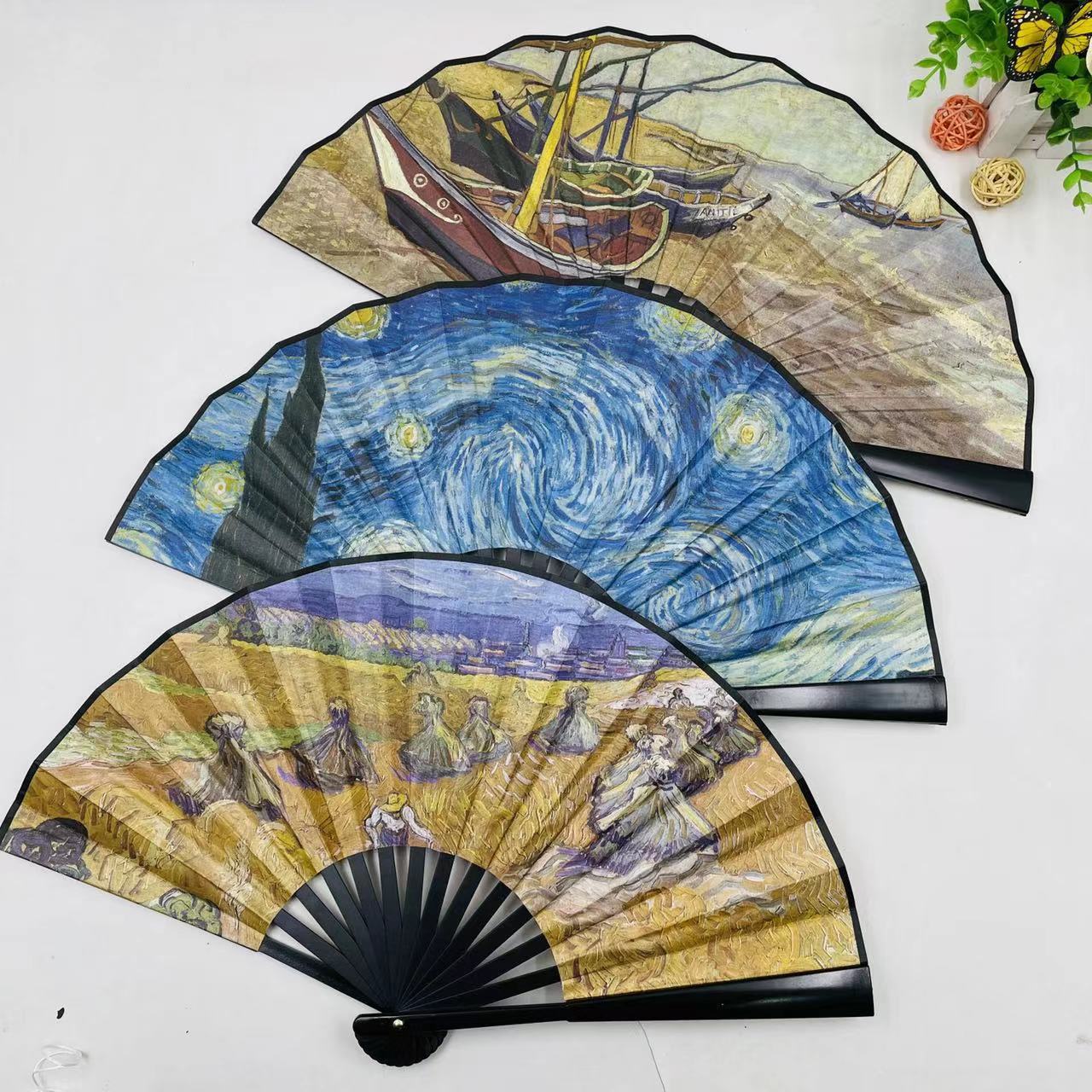 New oil painting series festival folding fans, popular hand fans in Europe and America, large fans, double-sided landscape printed fans pic 8