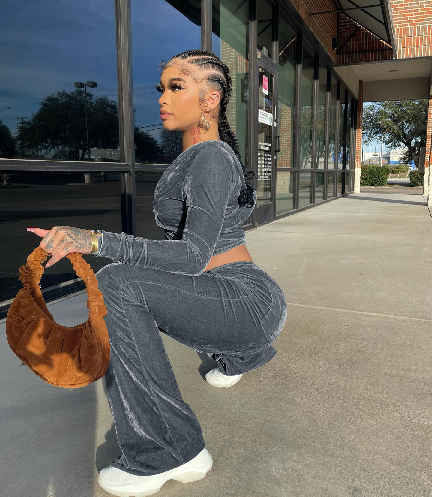 Solid color gold velvet wide-leg pants two-piece set pic 30