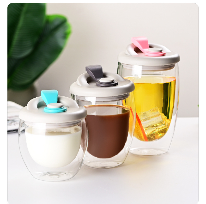 Double-layered glass cups with LIDS in stock for wholesale. Simple, high-temperature resistant, portable cups for direct drinking with LIDS and glass drinking cups pic 19