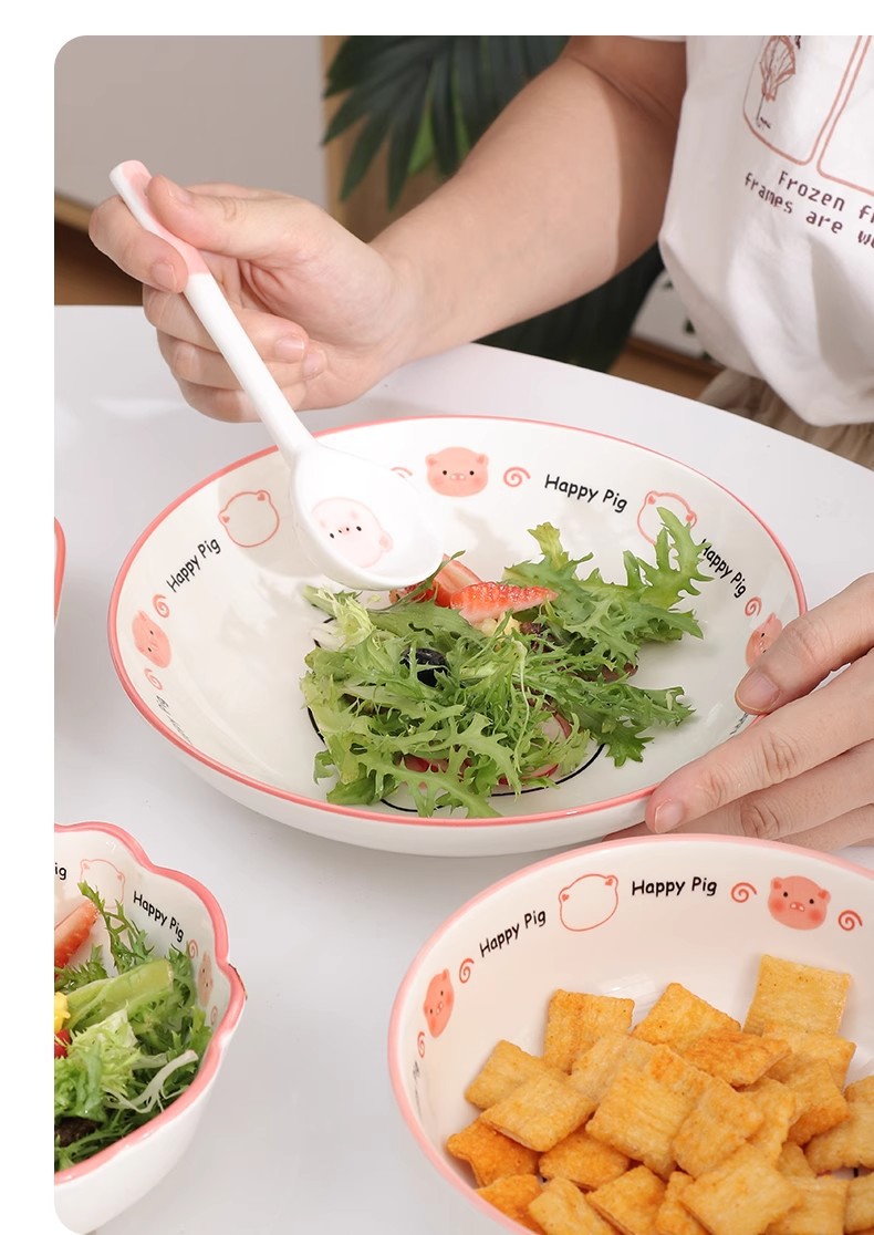 卡通可爱猪泡面碗家用高颜值陶瓷饭碗盘子新款釉下彩碗碟套装批发详情20