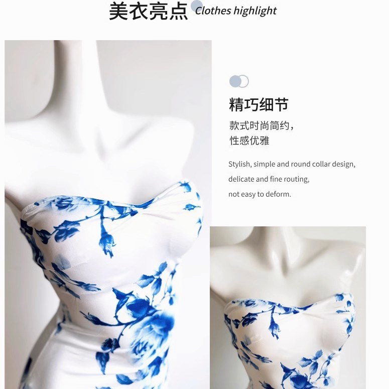 New Chinese-style slimming off-the-shoulder printed dress, blue and white porcelain body-hugging fishtail dress, sexy slit dance dress for socialite pic 17