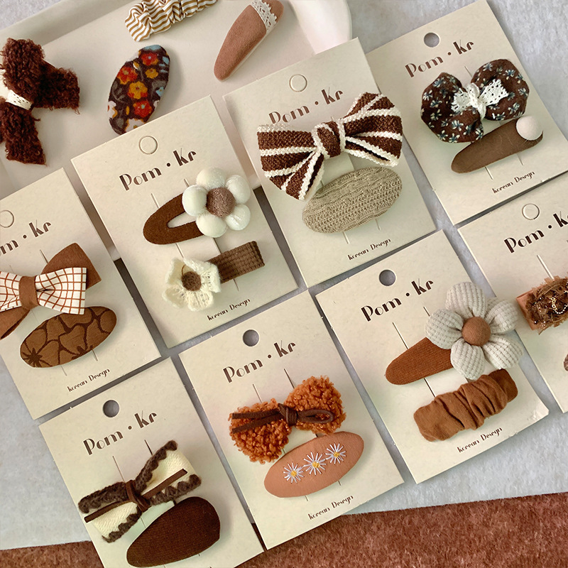 韩版布艺女童bb夹奶咖色花朵蝴蝶结波点发夹三角水滴发饰刘海夹详情6