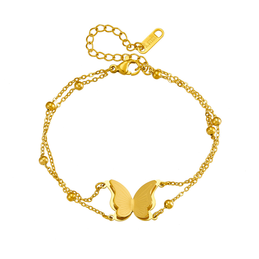 跨境热销不锈钢蝴蝶双层夹珠项链手链套装 时尚钛钢不掉色蝴蝶首饰套装详情9