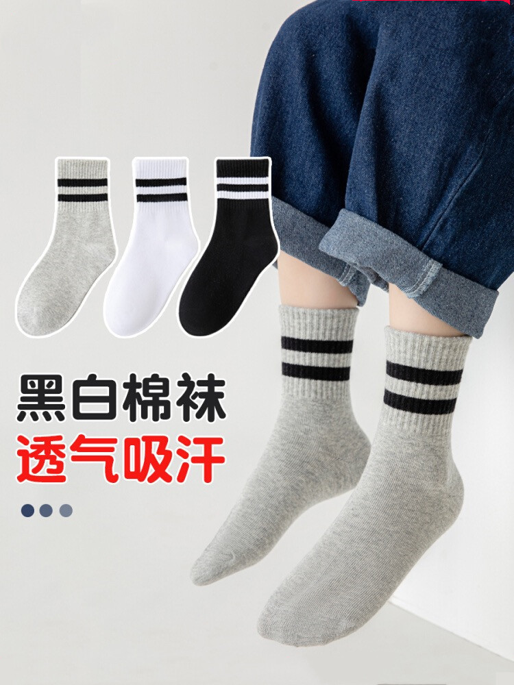 儿童袜子秋冬款男童棉袜学生白色袜子女童二杠白袜学院风长筒袜详情4