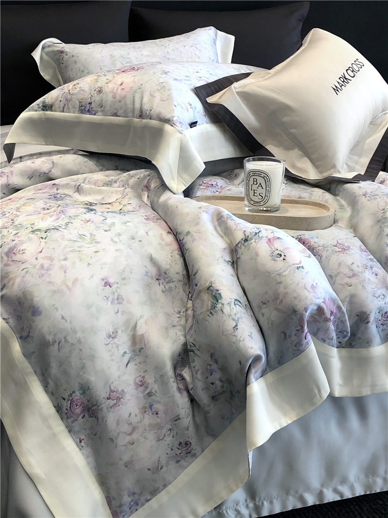 Cool ultra-fine denier Tencel summer light and cool condensation filament four-piece set, elegant printed sweat-absorbing nude bedding pic 31