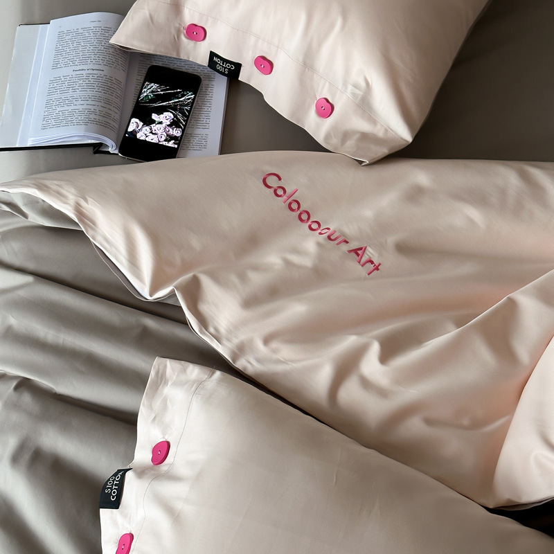 Simple, light luxury and fashionable solid-color long-staple cotton four-piece set, pure cotton letter-embroidered duvet cover, double bedding pic 114